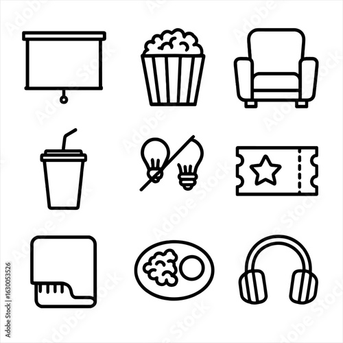 Home Theater Icons. Outline icon set of home theater experience: projector screen, popcorn bucket, theater