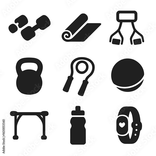 Home Workout Icons. Solid, filled icons set of home workout equipment: dumbbells, yoga mat, resistance bands,