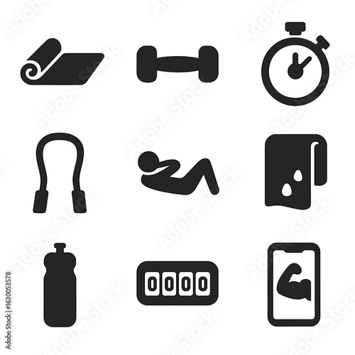 Home Workout Icons. Solid, filled icons set of home ab workouts: yoga mat, dumbbell for core, timer stopwatch,