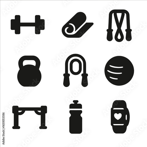 Home Workout Icons. Solid, filled icons set of home workout equipment: dumbbells, yoga mat, resistance bands,