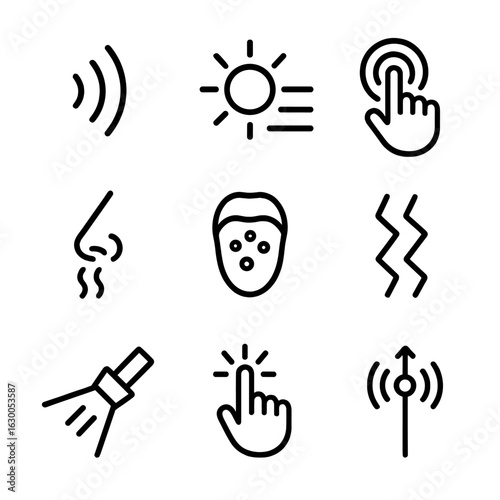Sensory Threshold Icons. Outline icon set of sensory threshold: sound wave, brightness level, touch sensitivity, smell intensity,
