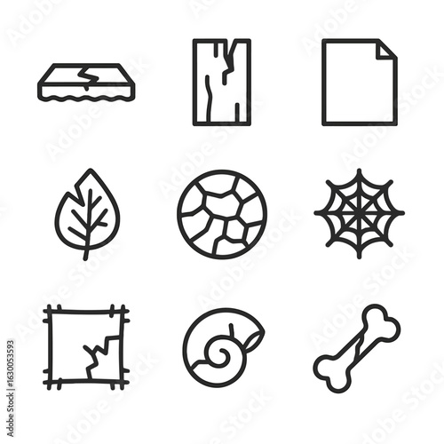 Fragile Materials Icons. Outline icon set of fragile materials: thin ice, brittle wood, paper sheet, dried leaf, cracked earth,