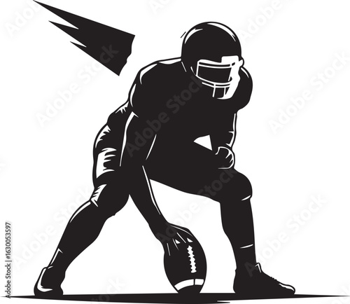 American Football Quarterback in Ready Stance with Football Silhouette sport player