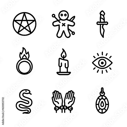 Dark Magic Icons. Outline icon set of dark magic: pentagram, voodoo doll, enchanted dagger, cursed ring, smoky candle, evil eye,