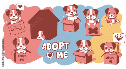Adorable puppies in boxes and doghouses, seeking adoption, heartwarming illustration.