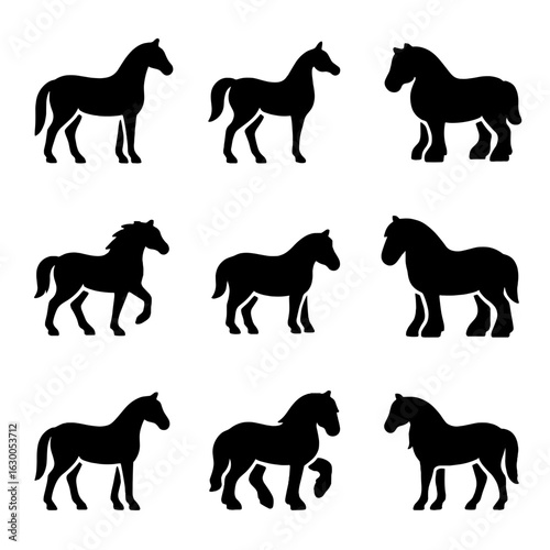Horse Breeds Icons. Solid, filled icons set of horse breeds and types: thoroughbred, Arabian, Clydesdale,