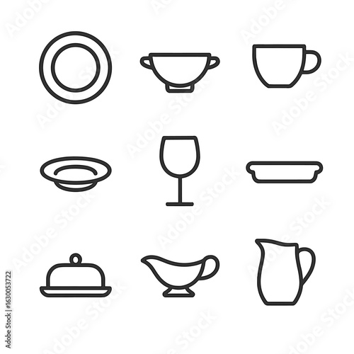 Serving Ware Icons. Outline icon set of serving ware: plate, soup bowl, cup, saucer, wine glass, tray, butter dish, gravy boat,