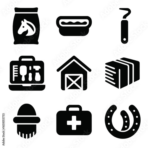 Horse Care Essentials Icons. Solid, filled icons set of horse care essentials: feed bag, water trough, hoof
