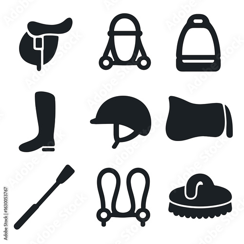 Horseback Riding Gear. Solid, filled icons set of horseback riding equipment: saddle, bridle, stirrup, riding