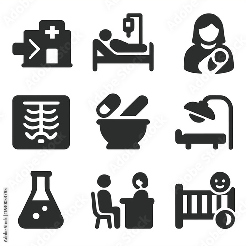 Hospital Department Icons. Solid, filled icons set of hospital departments: emergency room, ICU, maternity