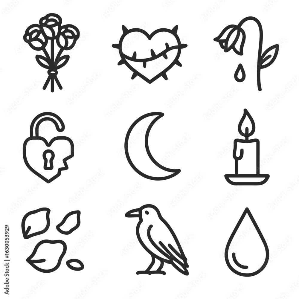 Dark Romance Icons. Outline icon set of dark romance: black rose bouquet, heart with thorns, wilted flower, broken lock, moon, Dark Romance Icons. Outline icon set of dark romance: black rose bouquet, heart with thorns, wilted flower, broken lock, moon,