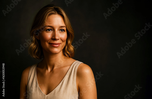 Cinematic portrait of a natural-looking mature woman with soft smile. Left-aligned close-up framing with gentle lighting and neutral background offering ample copy space.