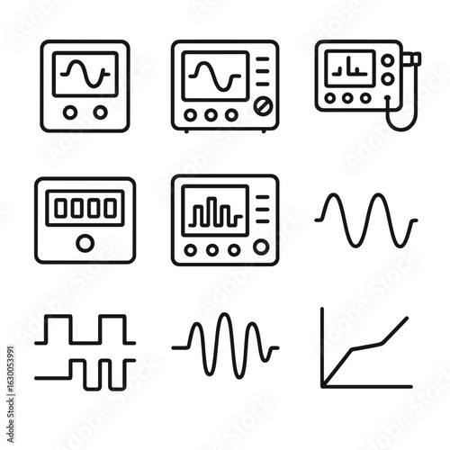 Frequency Measurement Icons. Outline icon set of frequency measurement: frequency meter, oscilloscope, signal analyzer, frequency