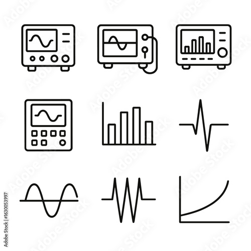 Frequency Measurement Icons. Outline icon set of frequency measurement: frequency meter, oscilloscope, signal analyzer, frequency