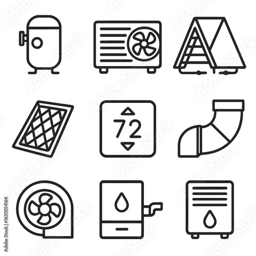 HVAC Component Icons. Outline icon set of HVAC components: compressor, condenser, evaporator coil, thermostat,