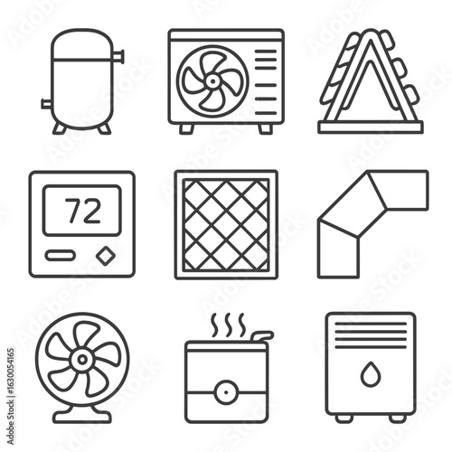 HVAC Component Icons. Outline icon set of HVAC components: compressor, condenser, evaporator coil, thermostat,