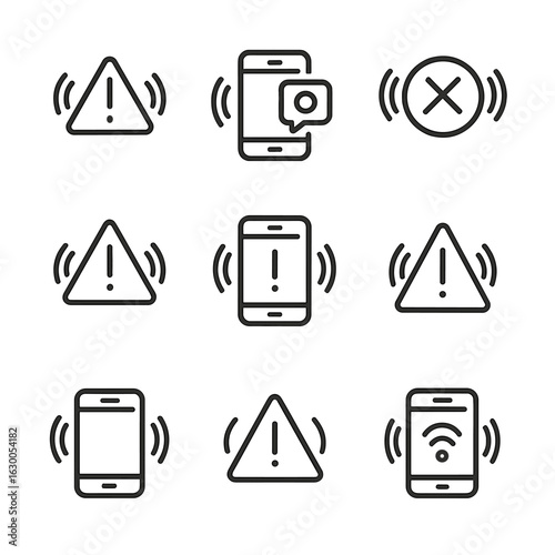 Shake Alert Icons. Outline icon set of shake signals and warnings: alert vibration, shaking phone notification, emergency shake,