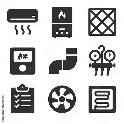 HVAC Maintenance Icons. Solid, filled icons set of HVAC system maintenance: air conditioner, furnace unit, air