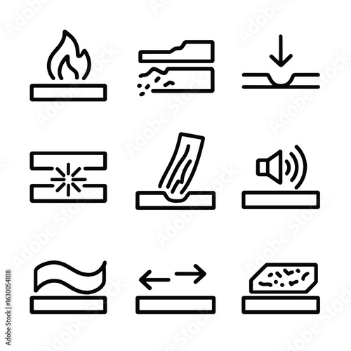 Friction Effect Icons. Outline icon set of friction effects: heat generation, wear and tear, energy loss, spark creation, abrasion