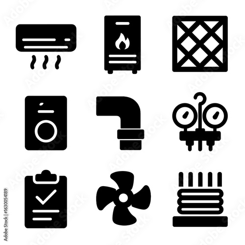 HVAC Maintenance Icons. Solid, filled icons set of HVAC system maintenance: air conditioner, furnace unit, air