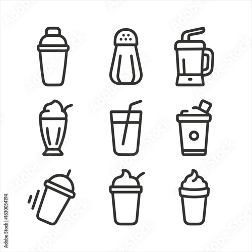 Shake Drinks Icon Set. Outline icon set of shake drinks and food: cocktail shaker, salt shaker, spice shaker, sugar shaker,