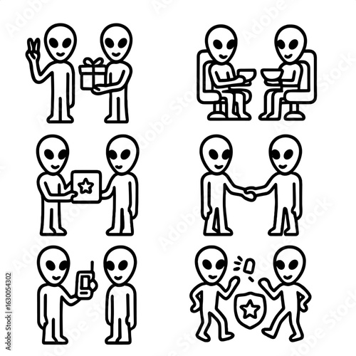 Friendly Alien Icons. Outline icon set of friendly alien interaction: peace gesture, gift exchange, shared food, co-pilot seat,