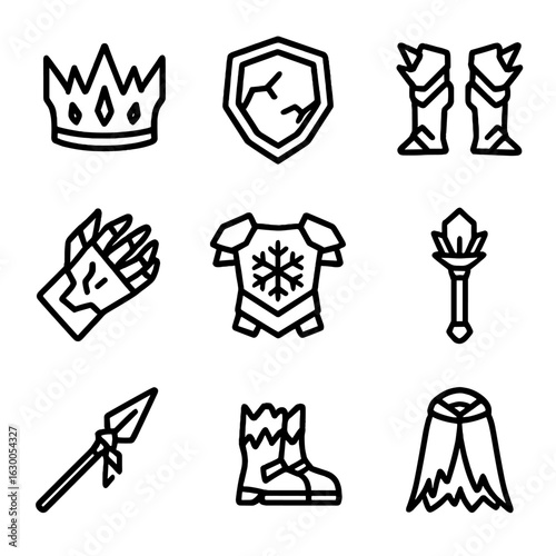 Frost Warrior Gear Icons. Outline icon set of frost-themed warrior gear: icy crown, frozen shield, frost greaves, glacial