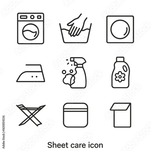 Sheet Care Icons. Outline icon set of sheet care: washing machine, hand wash, tumble dry, ironing, stain remover, fabric softener,