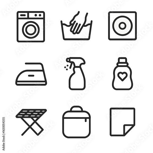 Sheet Care Icons. Outline icon set of sheet care: washing machine, hand wash, tumble dry, ironing, stain remover, fabric softener,