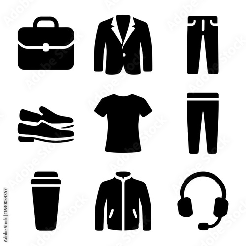 Hybrid Office Wear Icons. Solid, filled icons set of hybrid office wear: laptop bag, relaxed blazer, dress