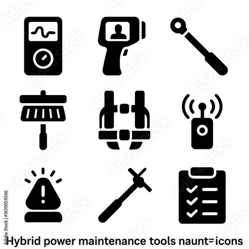 Hybrid Power Tools Icons. Solid, filled icons set of hybrid power maintenance tools: digital multimeter,