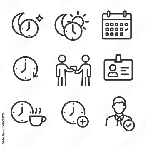 Shift Work Icons. Outline icon set of shift work concepts: night shift, day shift, shift calendar, clock change, shift handover,