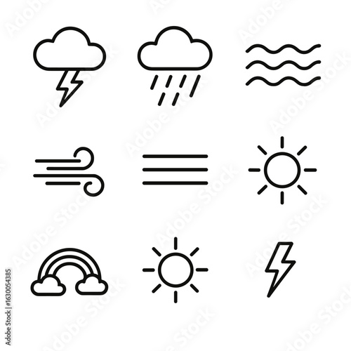 Shipwreck Weather Icons. Outline icon set of shipwreck weather: storm cloud, lightning, heavy rain, waves, wind, fog, sun, rainbow