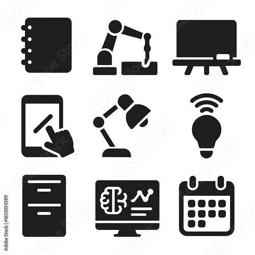 Hybrid Workspace Icons. Solid, filled icons set of hybrid analog-digital workspaces: notepad, robotic pen arm,
