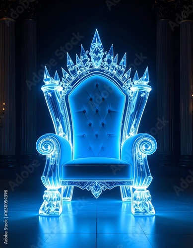 A stunning illuminated throne with crystal details, exuding a regal atmosphere in a darkened setting.