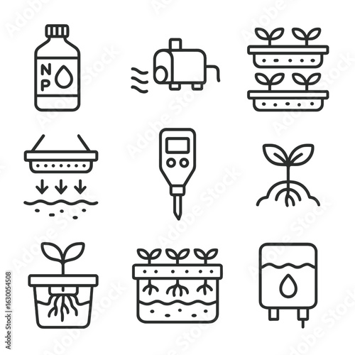Hydroponic Gardening Icons. Outline icon set of hydroponic gardening: nutrient solution, water pump, growing