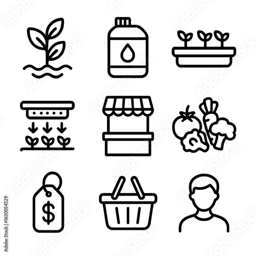 Hydroponic Market Icons. Outline icon set of hydroponic markets: hydroponic plant, nutrient solution, grow