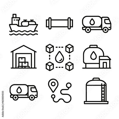 Fuel Logistics Icons. Outline icon set of fuel logistics: tanker ship, pipeline, fuel truck, warehouse, supply chain, fuel depot,
