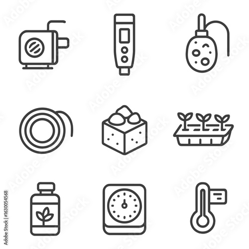 Hydroponic Tools Icon Set. Outline icon set of hydroponic farming tools: water pump, pH meter, air stone,