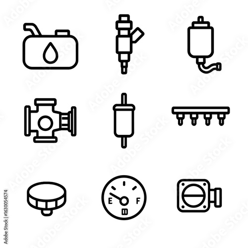 Fuel System Icons. Outline icon set of engine fuel systems: fuel tank, fuel injector, fuel pump, carburetor, fuel filter, fuel