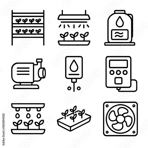 Hydroponics Icon Set. Outline icon set of commercial hydroponics: growing racks, LED lights, nutrient tanks,