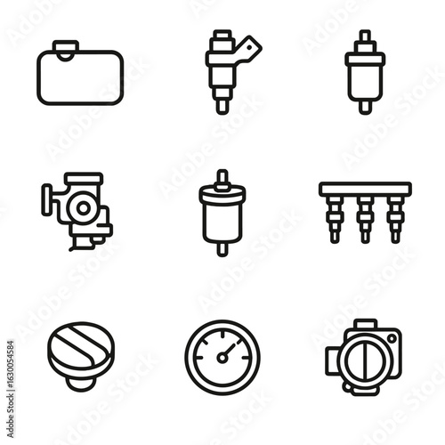 Fuel System Icons. Outline icon set of engine fuel systems: fuel tank, fuel injector, fuel pump, carburetor, fuel filter, fuel