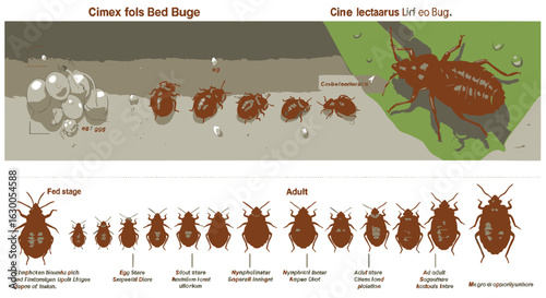 Life cycle comparison of Cimex lectularius and Cimex hemipterus bed bugs, showing egg, nymph, and adult stages.