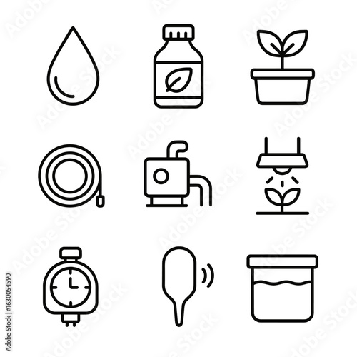 Hydroponics Icon Set. Outline icon set of hydroponic greenhouse plants: water droplet, nutrient solution,