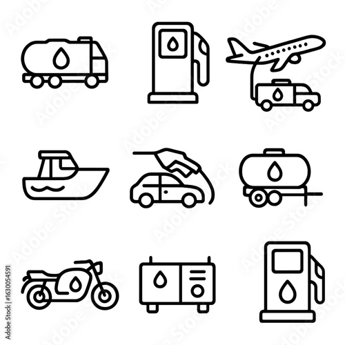 Fuel Vehicle Icons. Outline icon set of fuel vehicles: fuel truck, gas station, airplane refueling, boat fuel tank, car fuel