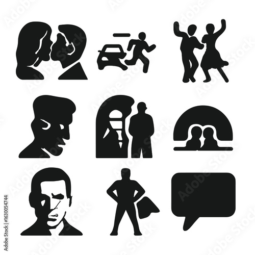Iconic Movie Scenes. Solid, filled icons set of iconic movie scenes: kiss scene, chase sequence, dance pose,
