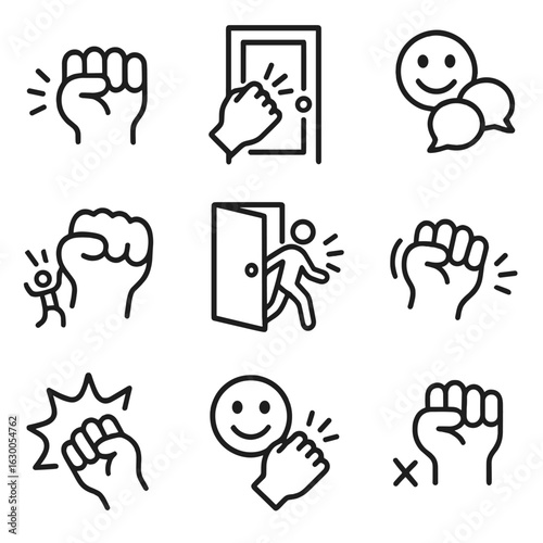 Funny Knock Icons. Outline icon set of knock in comedy: comic knock, door knock gag, knock-knock joke, exaggerated knock, knock