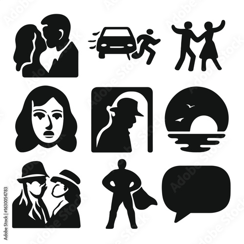 Iconic Movie Scenes. Solid, filled icons set of iconic movie scenes: kiss scene, chase sequence, dance pose,