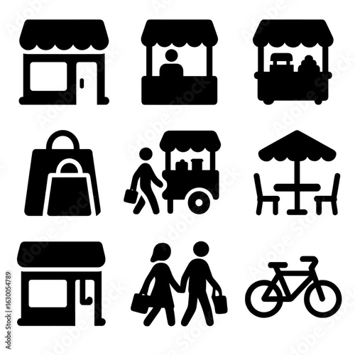 Iconic Shopping Scene. Solid, filled icons set of Pedestrian shopping area: modern shops, street vendors,