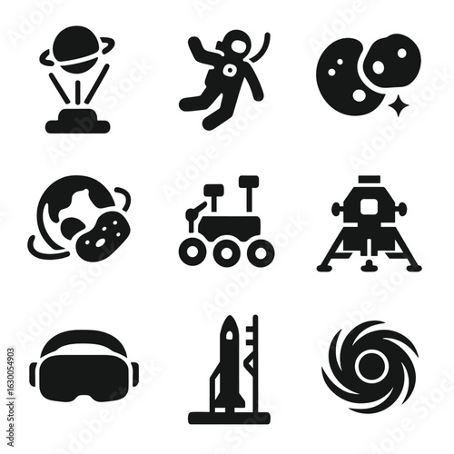 Immersive Space Icon Set. Solid, filled icons set of immersive space experiences: hologram projector,